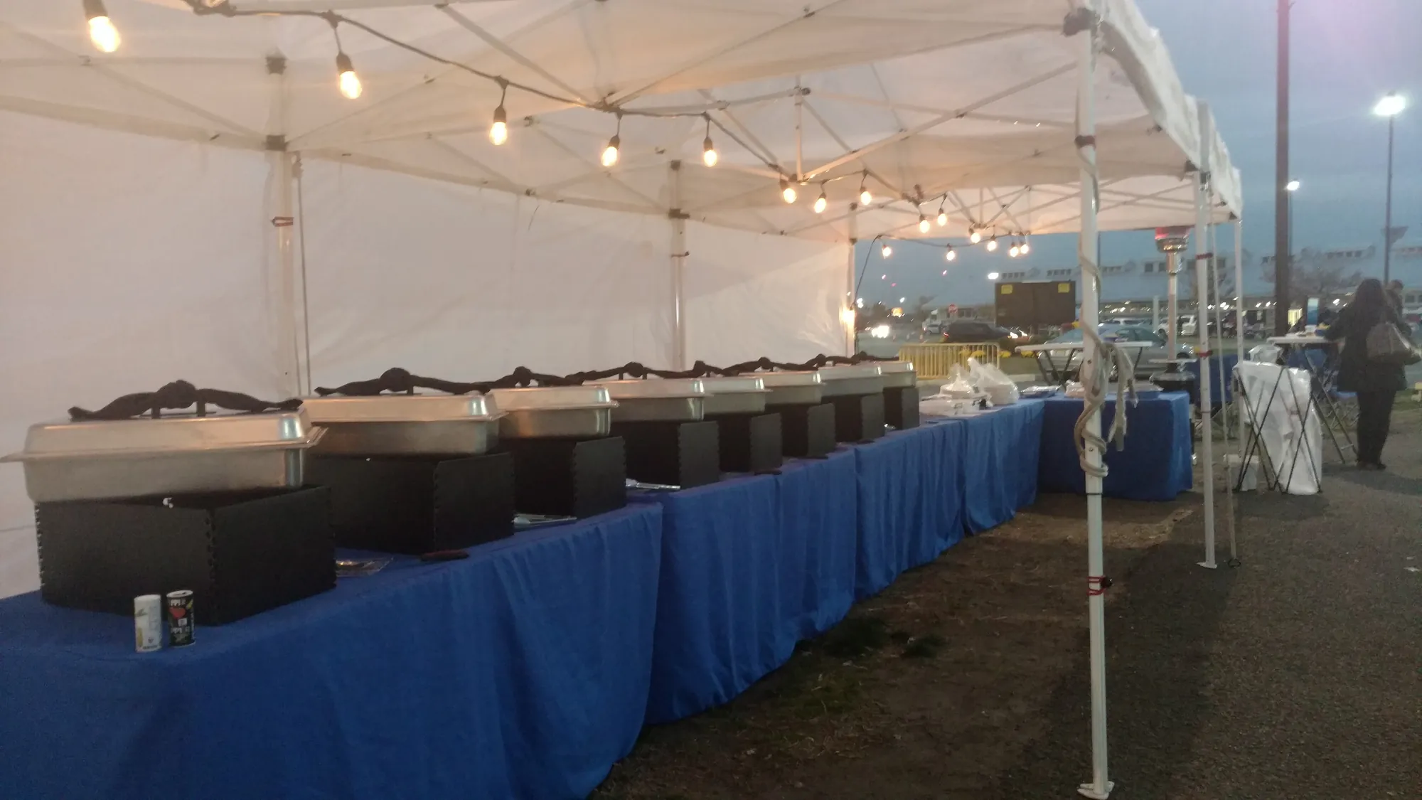 A premium buffet line with chafing dishes and string lights